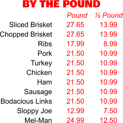 BY THE POUND 27.65 27.65 17.99 21.50 21.50 21.50 21.50 21.50 21.50 12.99 24.99 Pound 13.99 13.99 8.99 10.99 10.99 10.99 10.99 10.99 10.99 7.50 12.50 ½ Pound Sliced Brisket Chopped Brisket Ribs Pork Turkey Chicken Ham Sausage Bodacious Links Sloppy Joe Mel-Man