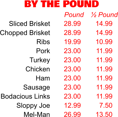 BY THE POUND 28.99 28.99 19.99 23.00 23.00 23.00 23.00 23.00 23.00 12.99 26.99 Pound 14.99 14.99 10.99 11.99 11.99 11.99 11.99 11.99 11.99 7.50 13.50 ½ Pound Sliced Brisket Chopped Brisket Ribs Pork Turkey Chicken Ham Sausage Bodacious Links Sloppy Joe Mel-Man